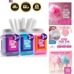Fun Strawberry & Blue Raspberry Cotton Candy Sugar 3-Pack with 100 Cones