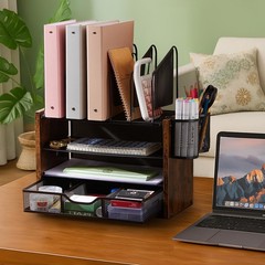 Wooden Desk Organizer, 4-Tier Mesh Desk Organizer with Drawer, Tray & 5 Verti…