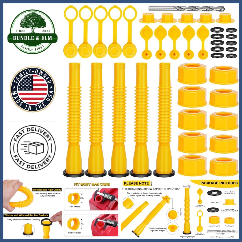 Yellow Flexible Pour Nozzles for Gas Cans – 5 Pack Compatible with 10 Gallons