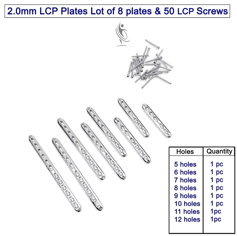 2.0mm LCP Plates (Lot of 8 pcs) & Screws (50 pcs) Veterinary Surgical Instrument