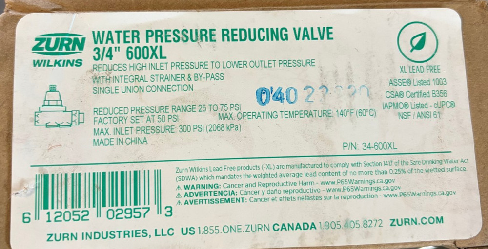 Zurn Wilkins Pressure Reducing Valve 600XL 3/4″ BRAND NEW