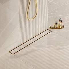 24 Inch Gold Linear Shower Drain, 2-in-1 Tile Insert, Brushed Brass Stainless