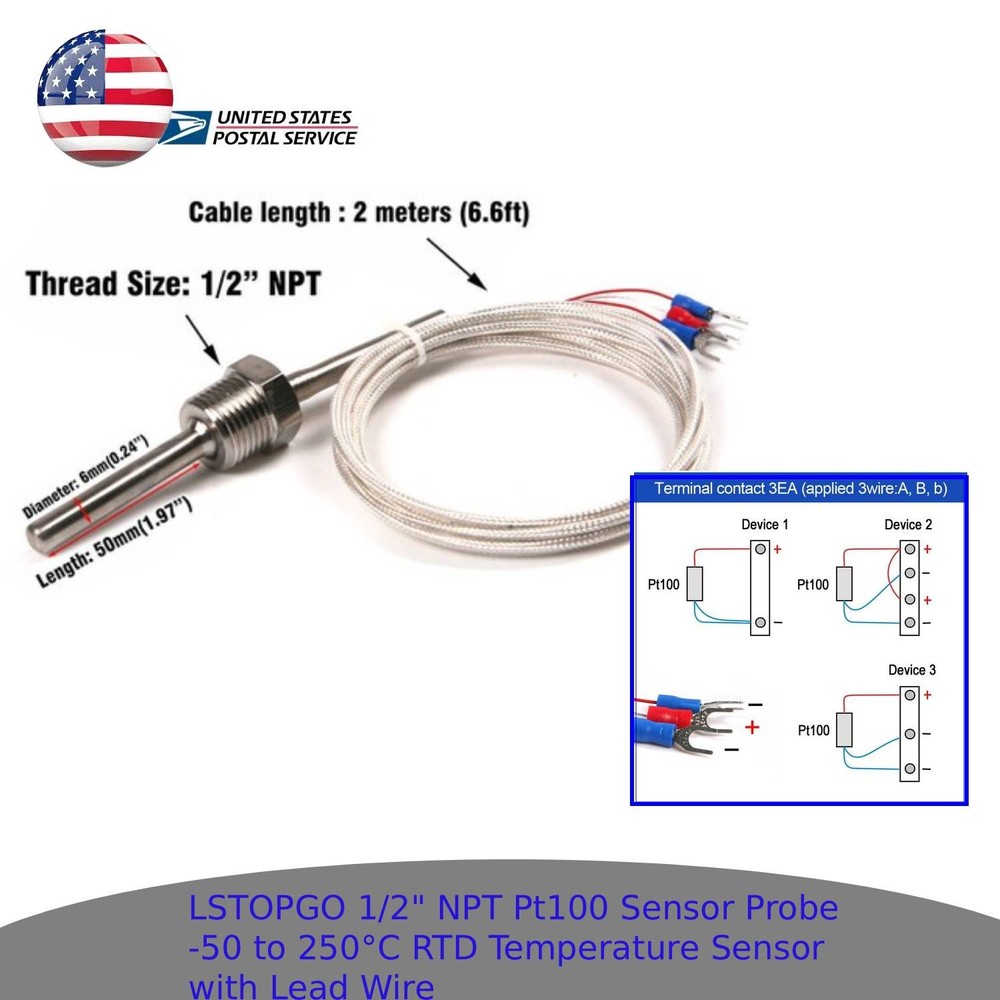 Pt100 RTD Temperature Sensor Probe 1/2″ NPT Thread with Wire -50 to 250°C / -58F