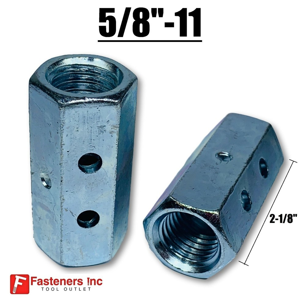 5/8″-11 x W13/16″ x L 2-1/8″ Hex Threaded Rod Coupling Nut Zinc w Witness Holes