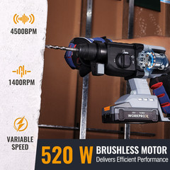 WORKPROX 20V 520W Cordless Brushless Rotary Hammer Drill Kits 7/8″ SDS-Plus 2.0J