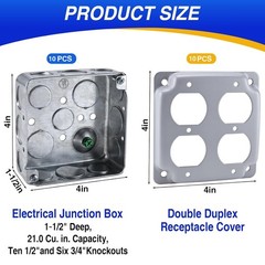 Patioer 4″x4″ Metal Electrical Box with Cover Double Duplex 1-1/2” Deep, 10 Set