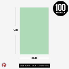 8.5 x 14 Green Pastel Color Paper, Legal Size, 20lb Bond (75gsm), 100 Sheets