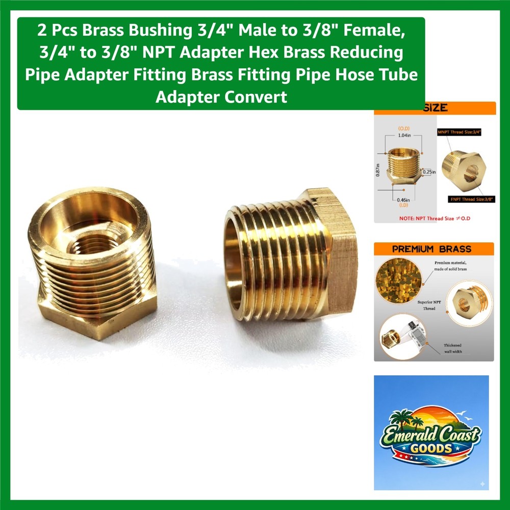 Corrosion-Resistant 3/4″ to 3/8″ NPT Brass Reducer – 2 Pieces for Plumbing