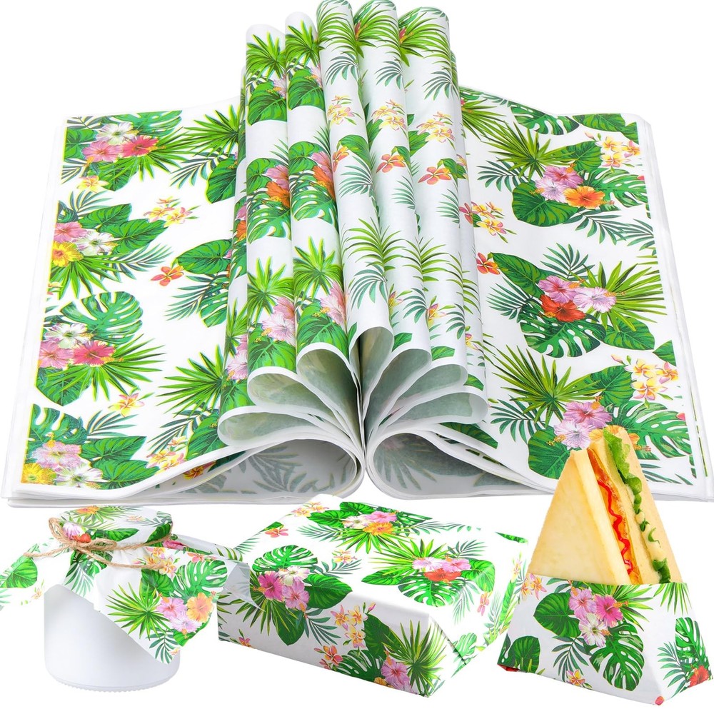 100 Sheets Hawaiian Tropical Palm Leaves Wax Paper Summer Floral Food Wrap BBQ