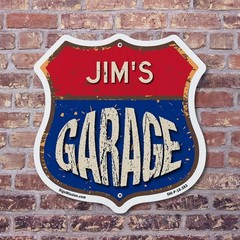 Jim’s Garage Shield Shaped Sign Weather Resistant Crafted in the USA
