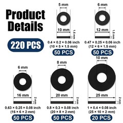 50 or 220 Pcs Flat Rubber Washers Assortment Kit,Black Rubber Flat Washer Rubber