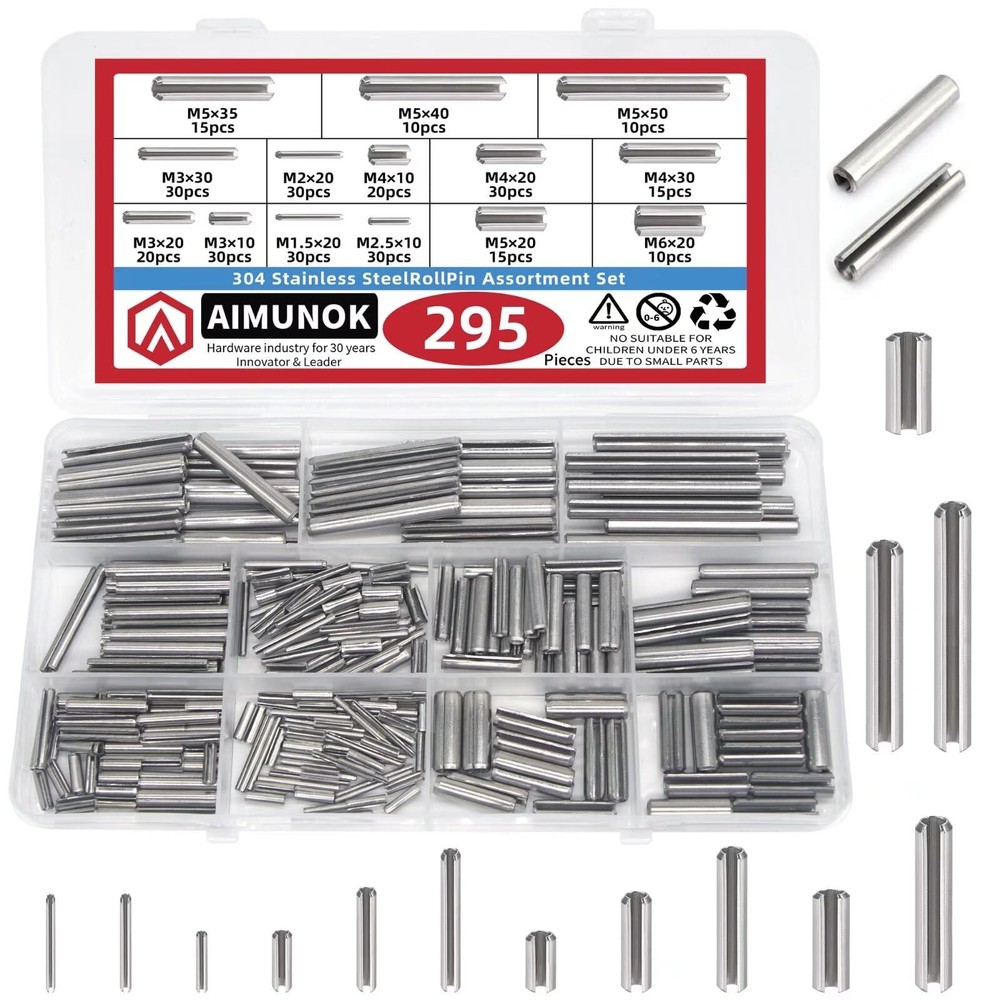 295-Piece Stainless Steel Roll Pin Assortment Kit – Spring Dowels Slotted Ten…