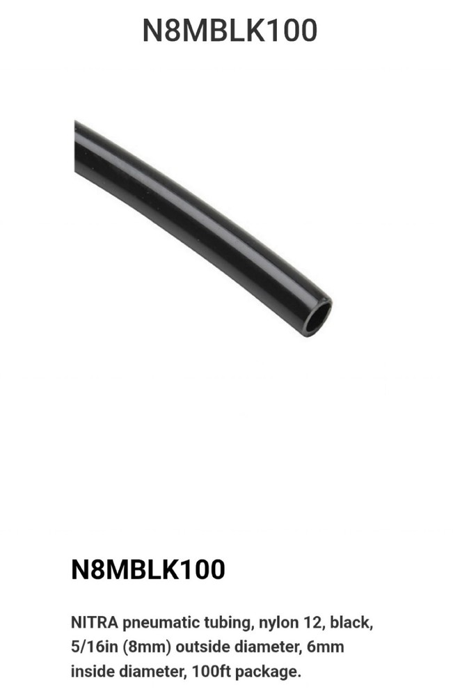 NITRA pneumatic tubing, nylon 12, black, 5/16in (8mm) OD, 6mm ID, 100ft package.