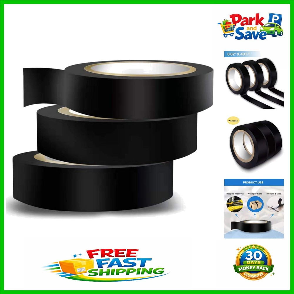3PCS Black Electrical Tape: Flame Retardant & Waterproof, 0.62 in X 49 ft