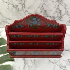 Vintage 90s Mail File Organizer Red Blue Floral Painted Wood India Desk Office