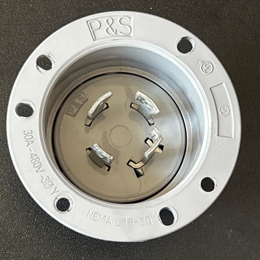 P&S Nema L-16-30, 30A-480V 3-Phase Flanged Inlet Male Plug, Flush Mount