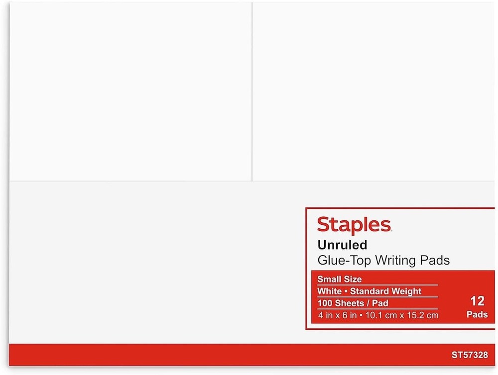 Staples 163444 Notepads 4-Inch X 6-Inch Unruled White 100 Sh./Pad 12 Pads/Pk