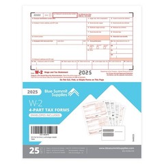 Blue Summit Supplies W-2 Tax 2025 4-Part Forms with Envelopes, 25 Sets