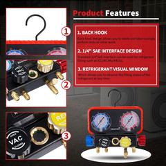 AC Gauges, AC Manifold Gauge Set for R22/R410A/R134A Refrigerant, 4 Way HVAC Ref