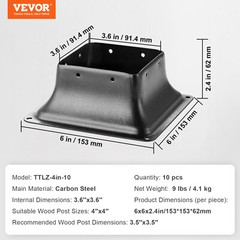 VEVOR 10Pcs 4×4 Post Base Brackets Heavy Duty for Standard Wood Post Anchor