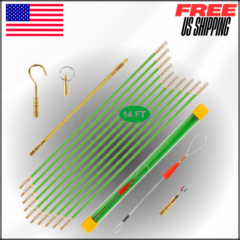 14′ Wire Fishing Tool Fish Tape Cable Rods, Green Wire Puller with 5 Attachments