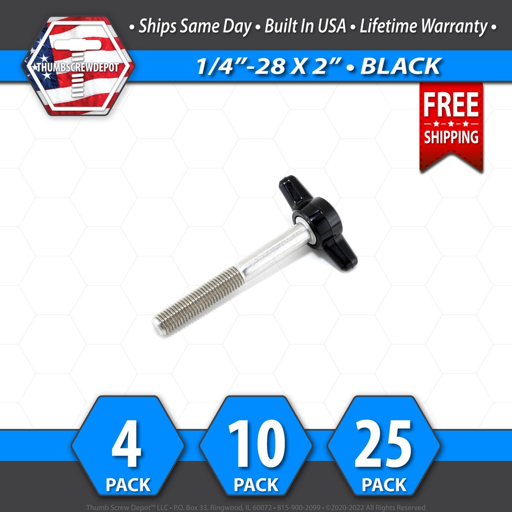 1/4″-28 x 2″ Thumb Screw Stainless Steel – Black Tee / Wing Knob – USA