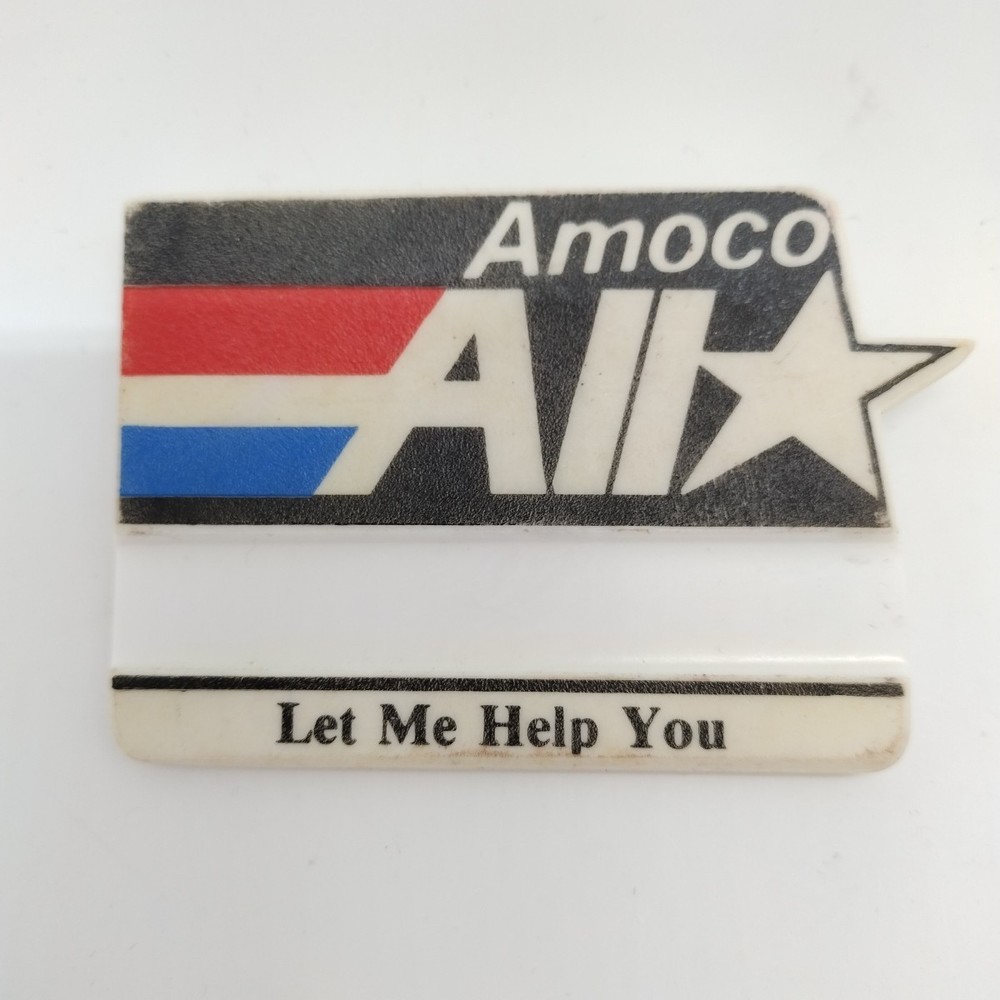 Vintage Amoco All Star Cut-out Lapel Pin, Let Me Help You Printed, Black Serif