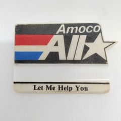 Vintage Amoco All Star Cut-out Lapel Pin, Let Me Help You Printed, Black Serif
