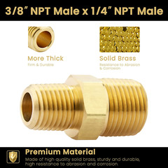 3/8 NPT X 1/4 NPT Male Solid Brass Hex Nipples, Heavy Brass Pipe Adapter Fitting