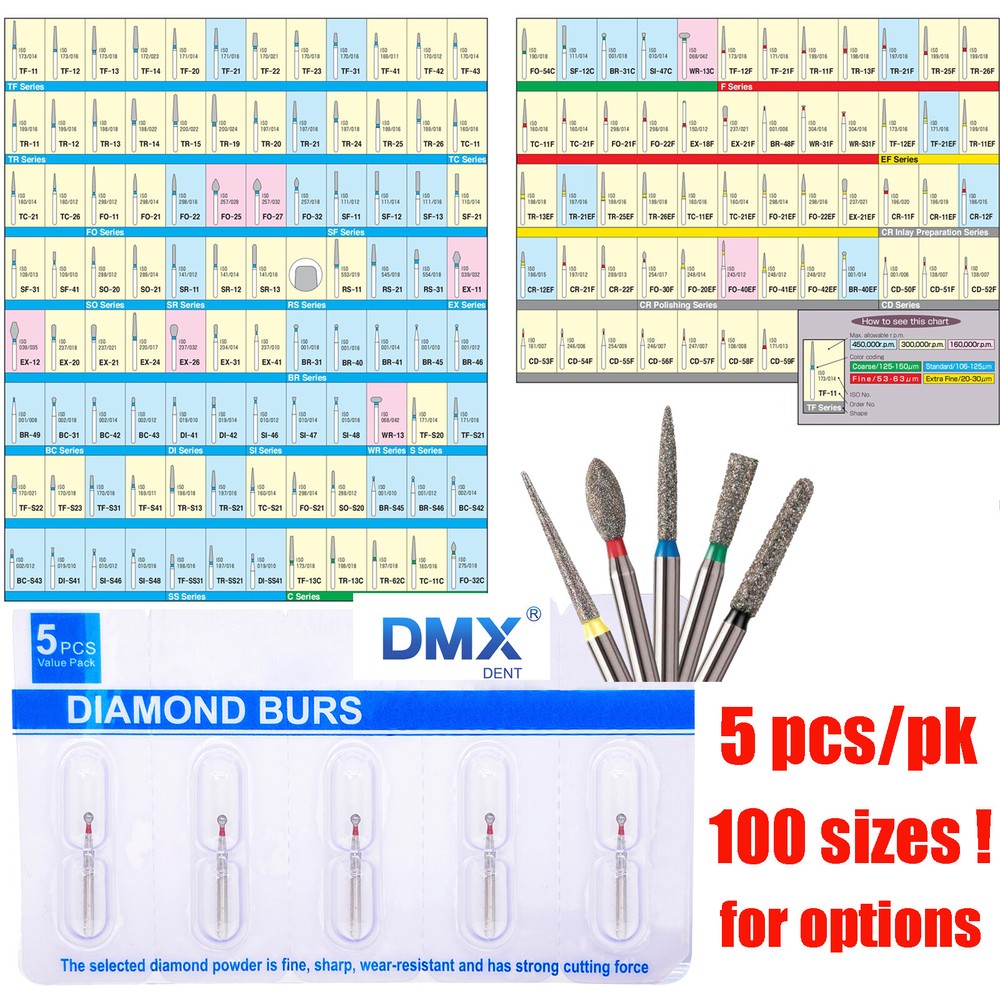 Dental Fresas de diamante Bur Fit High Speed Handpiece Friction Grip 5Pcs/Pk FDA