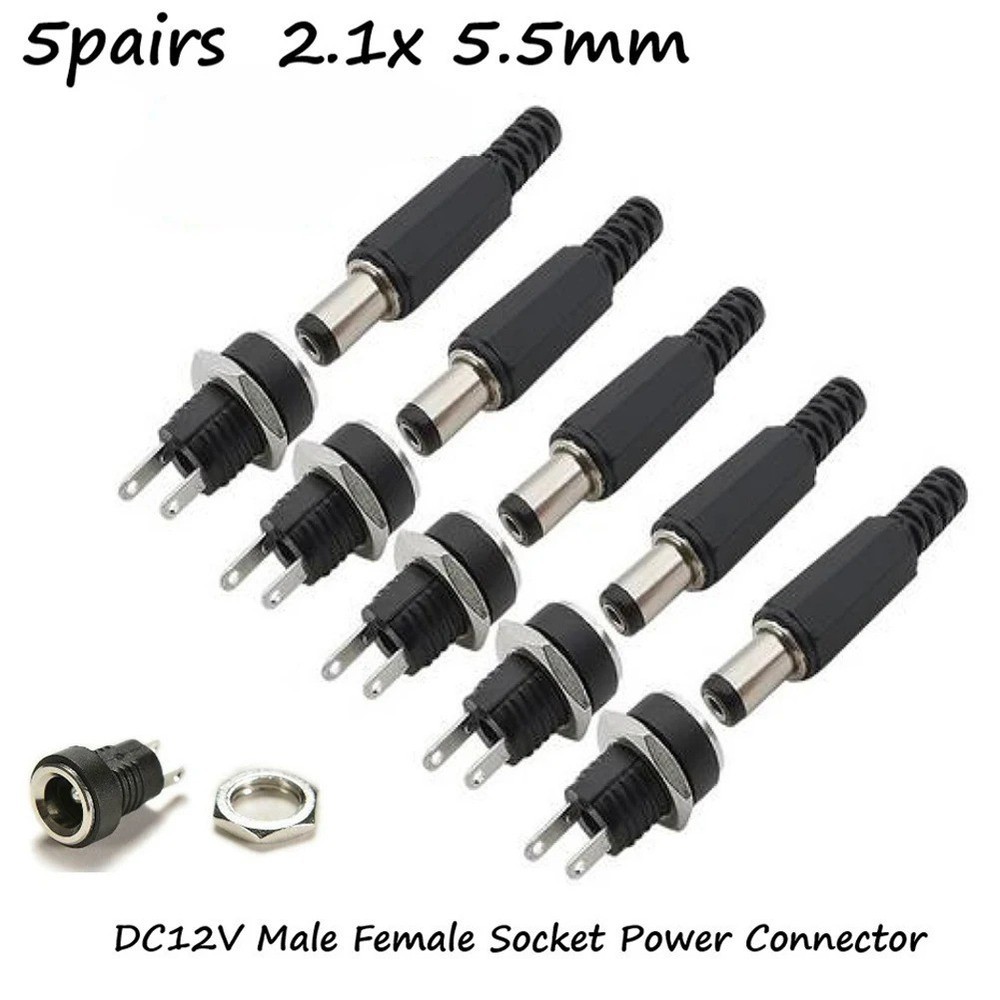 5 Pair DC 12V Panel Mount Power Jack Plug Male Female Barrel Connector Set
