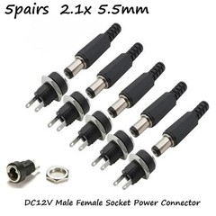 5 Pair DC 12V Panel Mount Power Jack Plug Male Female Barrel Connector Set