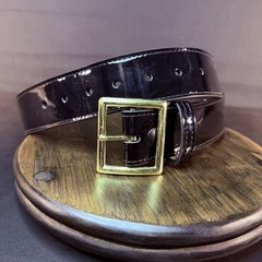 Boston Leather Belt Size 30″ High Gloss Black Garrison Gold Buckle Made in USA