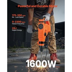 Corded Hammer Drill, 1600W 175 – 350RPM SDS – Max Rotary Hammer, 3 Functions for