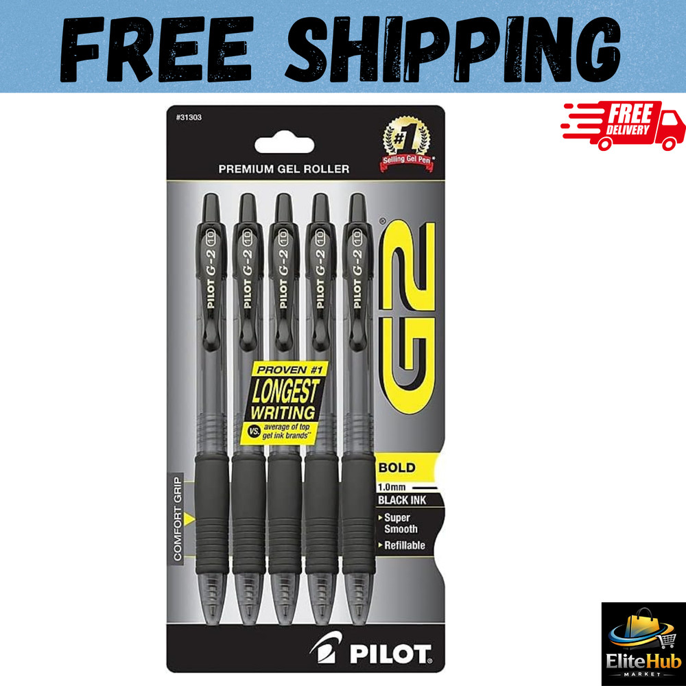 Pilot G2 Premium Gel Pens, Black Pens, Bold Point 1 mm, Pack of 5, Black