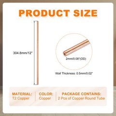 2Pcs, 2mm OD x 0.5mm Wall Thickness x 300mm(11.8″) Length Copper Round Tube
