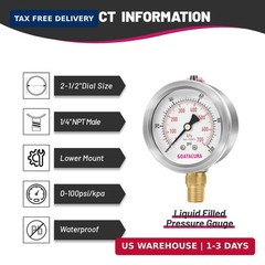 0-100 PSI Water Gas Pressure Gauge, 2-1/2’’ Dial, 304 Stainless Steel, 1/4’’ NPT