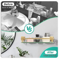 16 Inch Brusheld Gold Bathroom Glass Shelves with Stainless Steel Railing, Te…