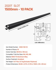 10PCS 59 in (1500 mm) T Slot 2020 Aluminum Extrusion Anodized Linear Rail
