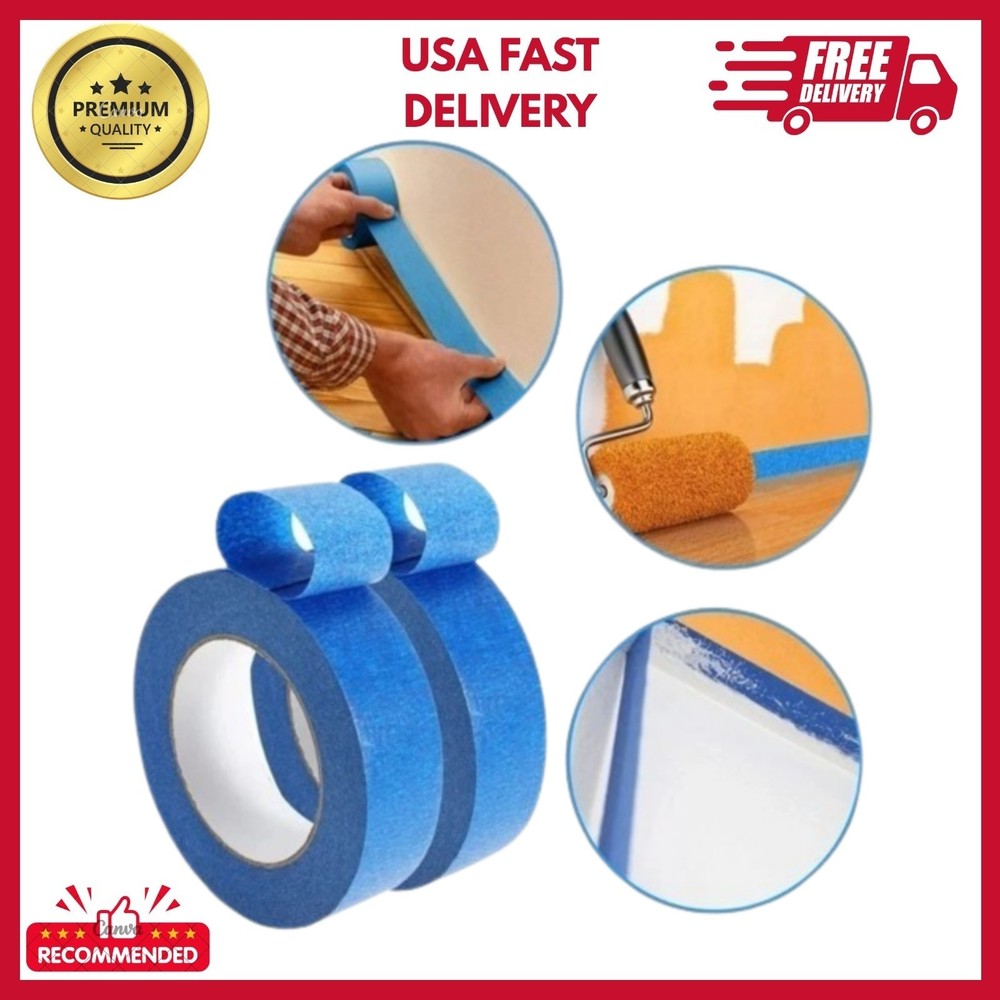 3 Rolls Blue Painter’s Tape 2 Inch x 60 Yards 5.5 Mil Masking Tape Clean Removal