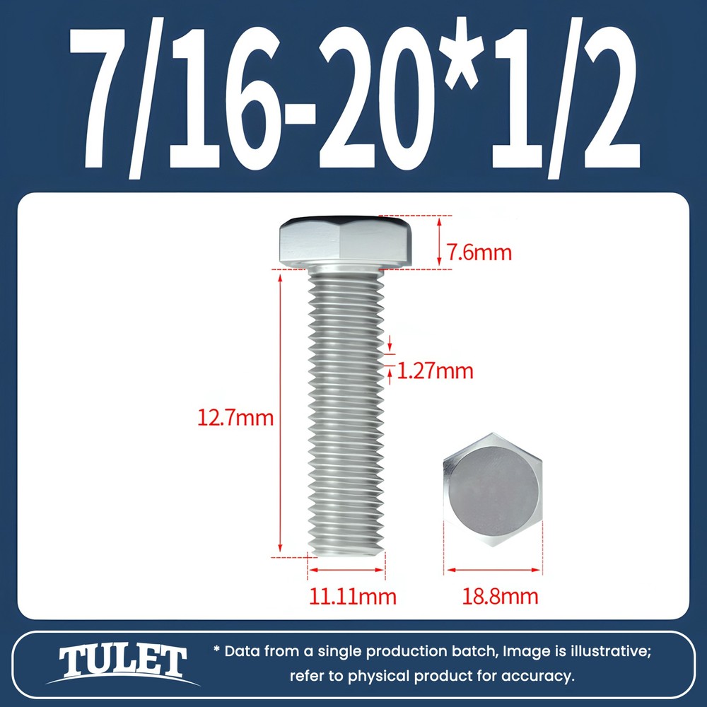 7/16″-20 Hex Head Cap Screws Tap Bolts Stainless Steel Fully Threaded 18-8 / A2