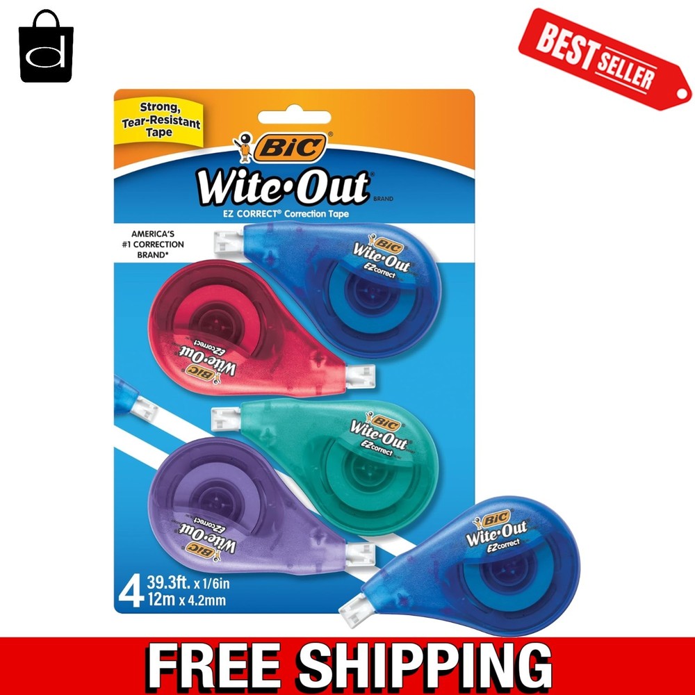 4-Count BIC EZ Correct White Correction Tape – Tear-Resistant, Quick Drying