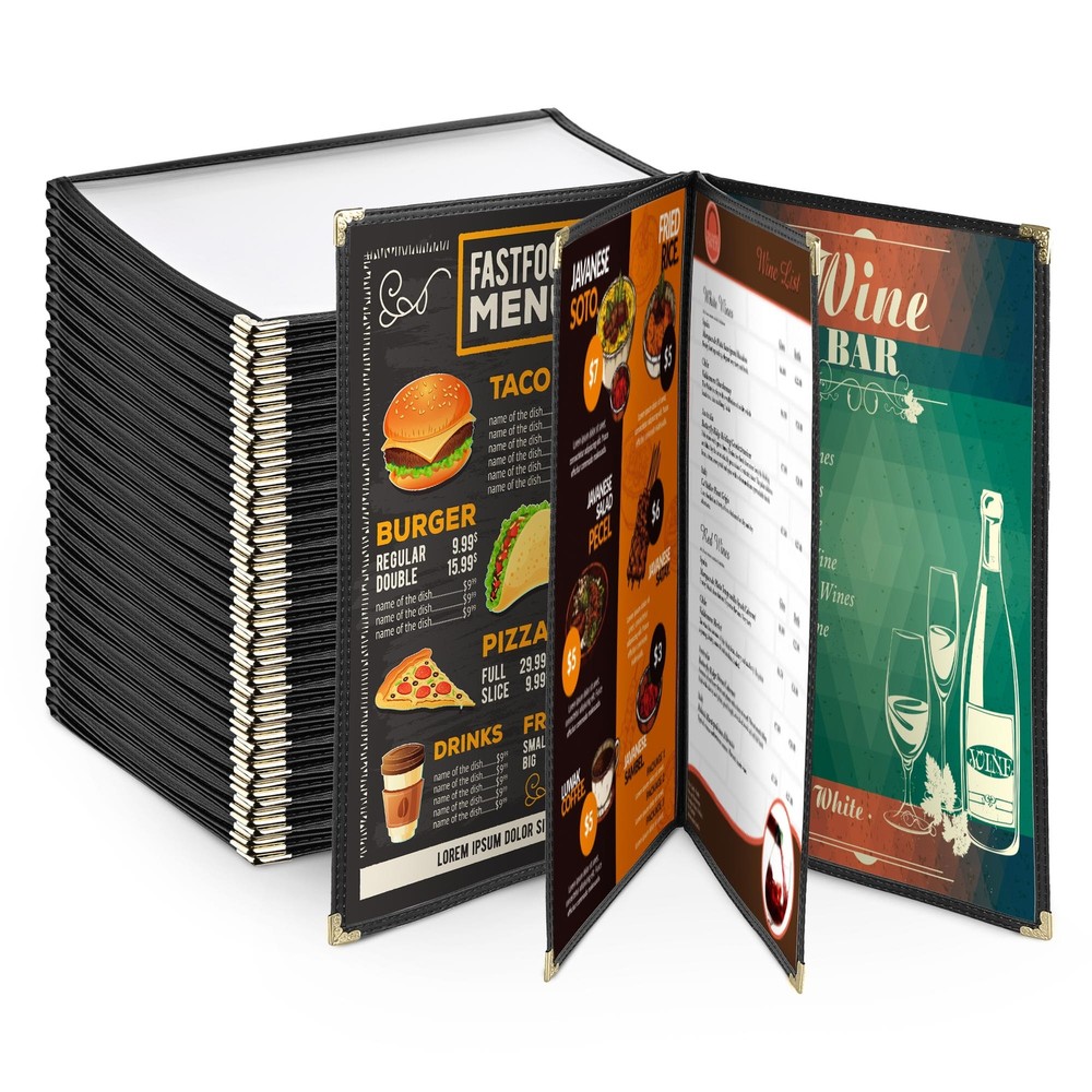 WeChef 20 Pack 8.5″x14″ 4 Page 8 View Menu Covers Black Trim Restaurant Cafe