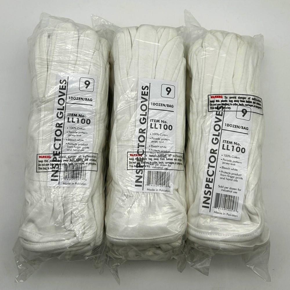 Superior LL100 Parade Inspector White Gloves Size 9 Large Cotton 36 Pairs