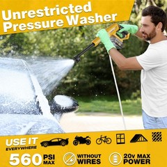 20V Cordless Pressure Washer Max 560 PSI High Power Yellow