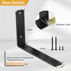 4 Pack – L 6″ x H 4″ x W1.5, 5mm Thick Black L Shelf Bracket, 6”x4”,