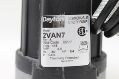DAYTON Plug-In Submersible Utility Pump: 1/4 hp, 3/32 in Max. Dia. Solids, 2VAN7