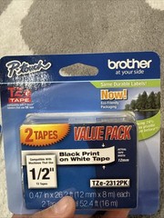 Brother TZe231 12mm (0.47″) Black on White Tape for P-Touch, 2 Pack #TZE-2312PK
