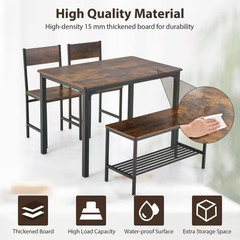 4-Piece Dining Table Set Rustic Desk 2 Chairs and Bench with Storage Rack Brown