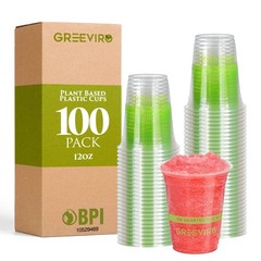 Eco Compostable Plant-Based Clear Plastic Cups 12oz Thick, Reusable, Disposab…